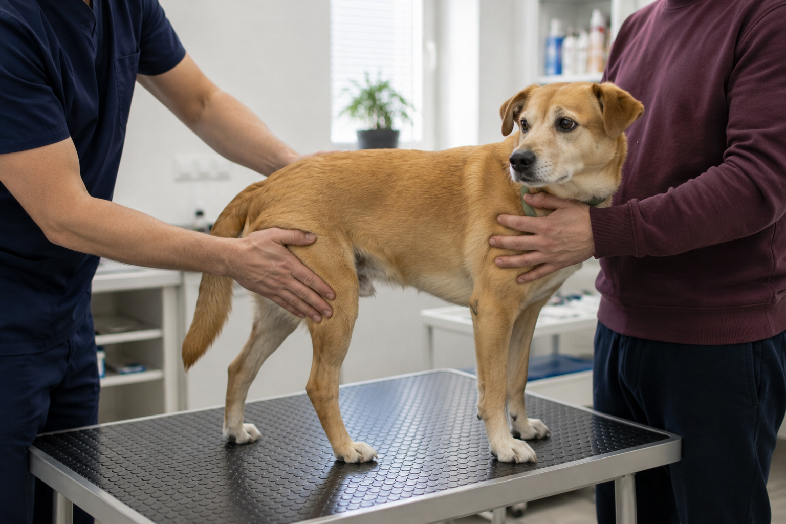 Veterinář vyšetřuje staršího psa s podezřením na onemocnění prostaty